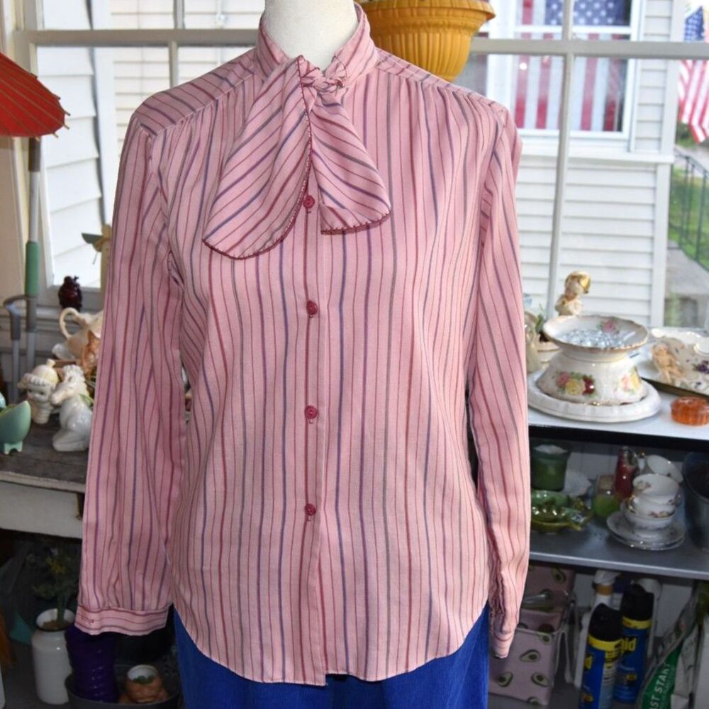 Vintage 70s Sweet Apple Neck Bow Blouse Pink Striped Secretary Top Small